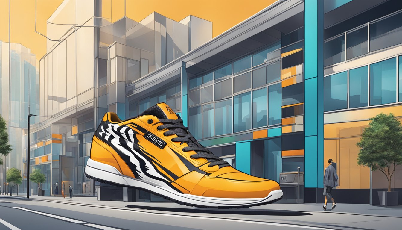 A tiger brand shoe is shown in a modern urban setting, with sleek lines and vibrant colors, blending fashion and functionality seamlessly