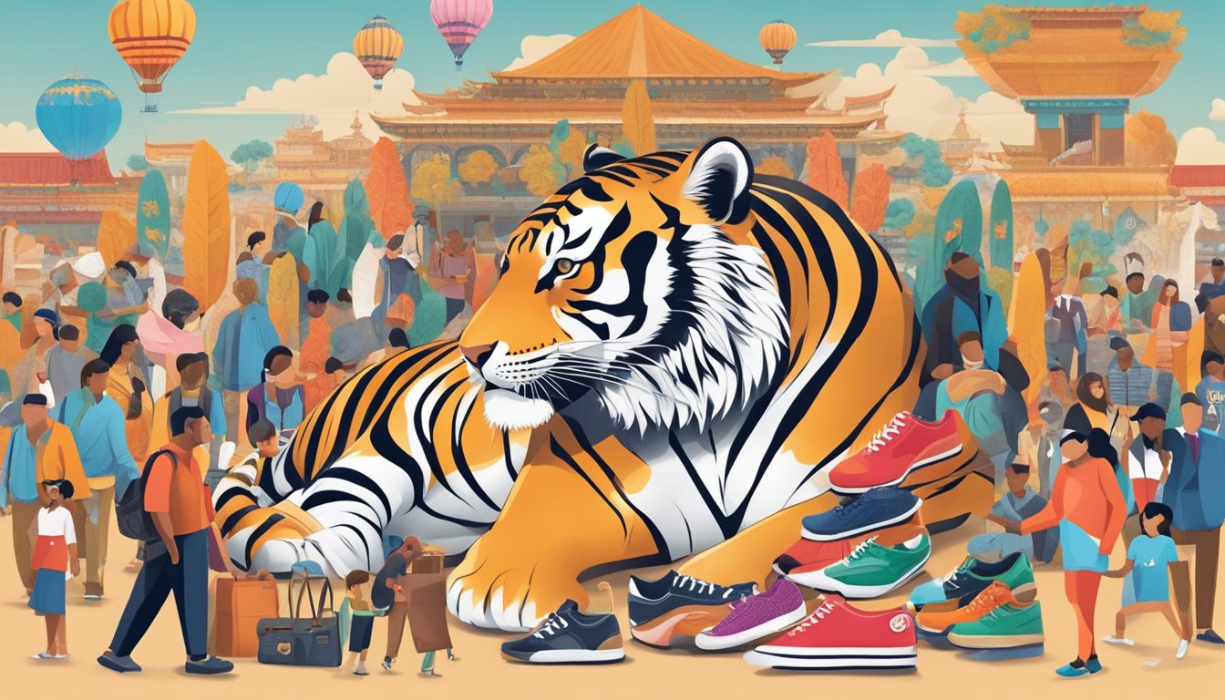 Tiger brand shoes displayed in a global marketplace, surrounded by diverse cultural symbols and people from different backgrounds collaborating