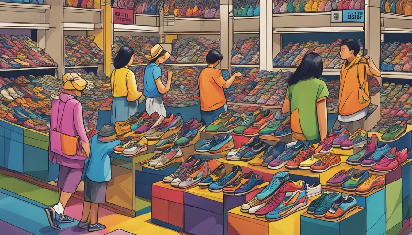 Customers browse colorful Tiger brand shoes in a bustling, global market setting. The brand's logo is prominently displayed, showcasing its widespread presence