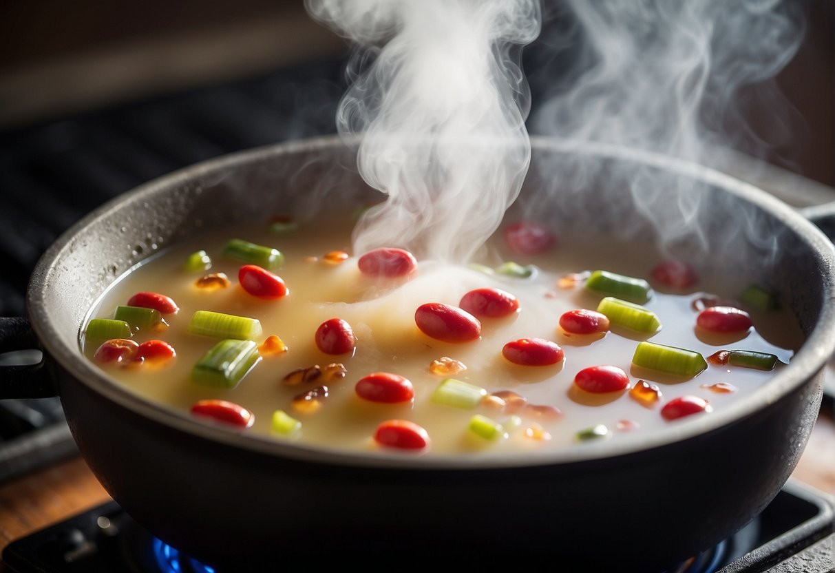 A steaming pot of Chinese sugar cane soup bubbles on a stove, filled with chunks of sugar cane, red dates, and goji berries. A fragrant aroma fills the air, and steam rises from the pot