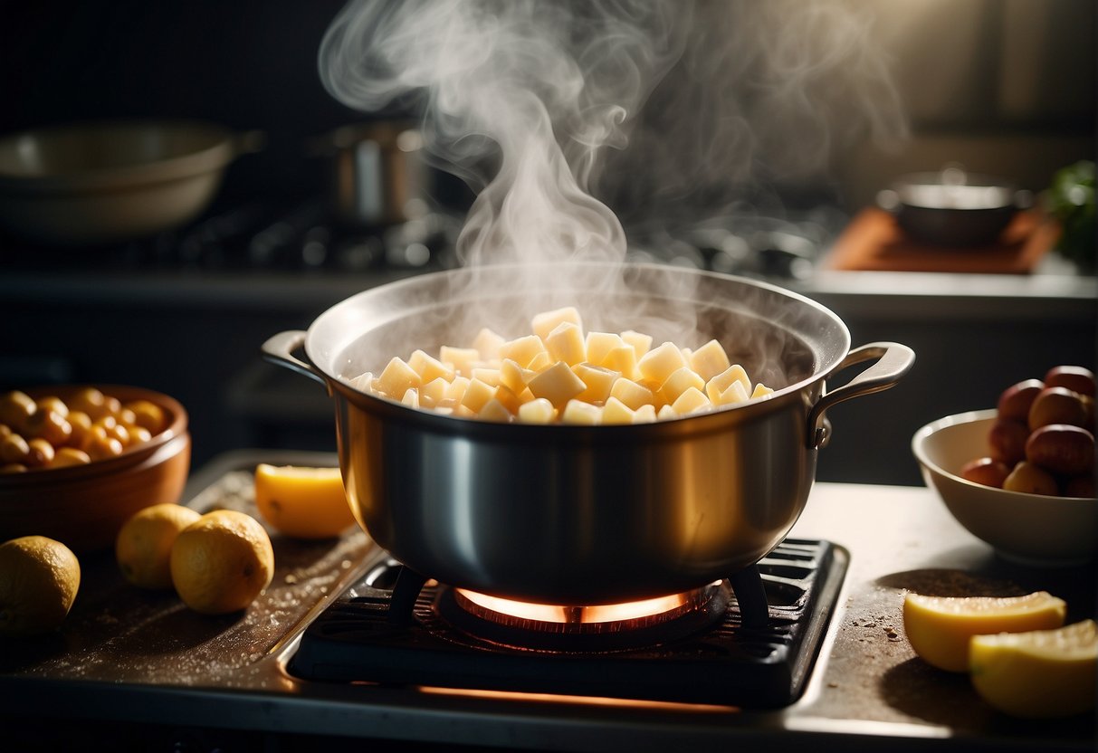 A pot simmering on a stove with chunks of sugar cane, ginger, and water, steam rising. Ingredients like red dates and dried longan on the counter