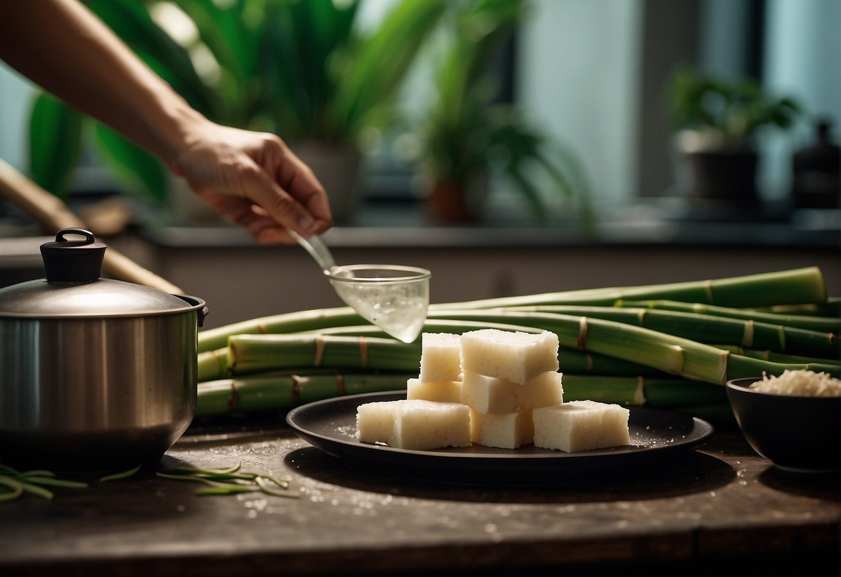 Sugar cane stalks being peeled and chopped, ginger and pandan leaves being prepared, and a pot of water boiling on the stove