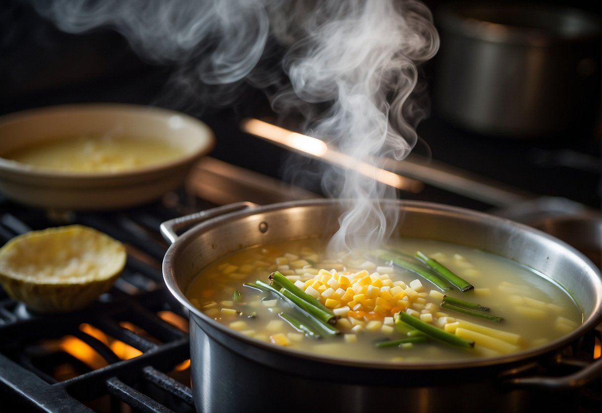 Sugar cane soup simmers in a pot, steam rising, with ginger, sugar cane, and water on a stove