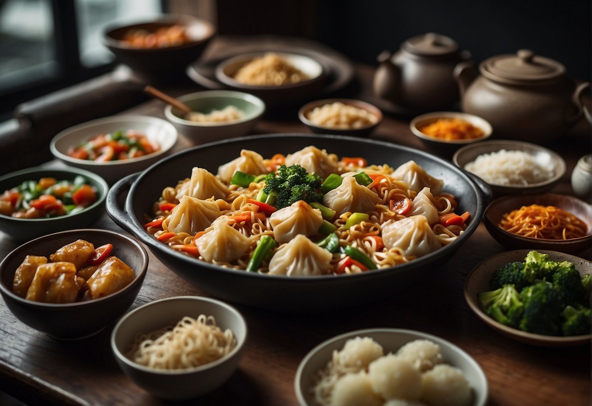 A table set with a variety of colorful and aromatic Chinese dishes, including stir-fries, dumplings, and noodle dishes, surrounded by traditional Chinese cooking utensils and ingredients