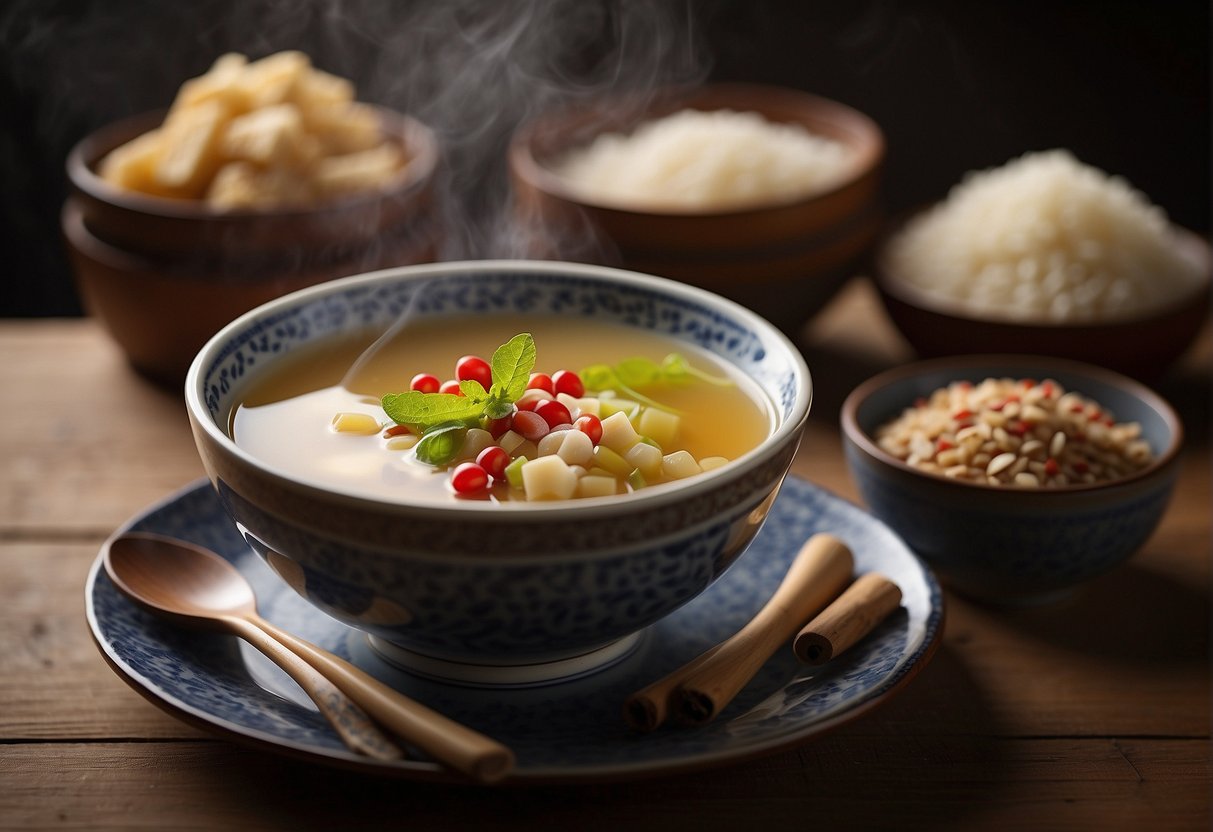 A steaming bowl of Chinese sugar cane soup sits on a wooden table, surrounded by small bowls of sliced ginger, goji berries, and rock sugar