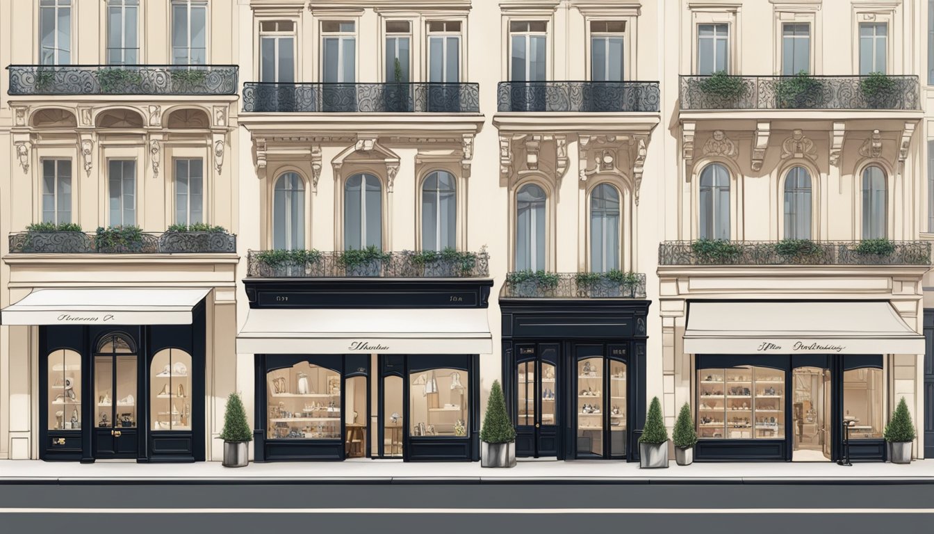 A Parisian street lined with elegant boutiques showcasing iconic French luxury brands. Manicured storefronts display timeless fashion and accessories, exuding sophistication and allure
