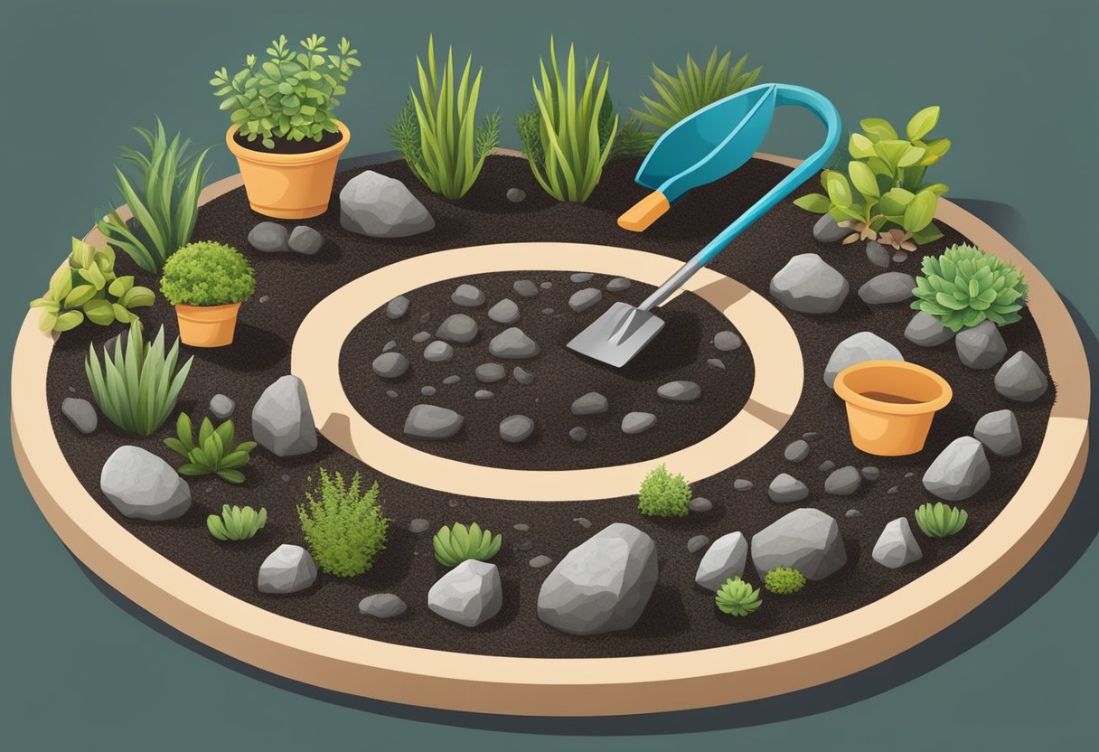 Small rocks arranged in a circular pattern, surrounded by soil and small plants. A shovel and gardening gloves lay nearby