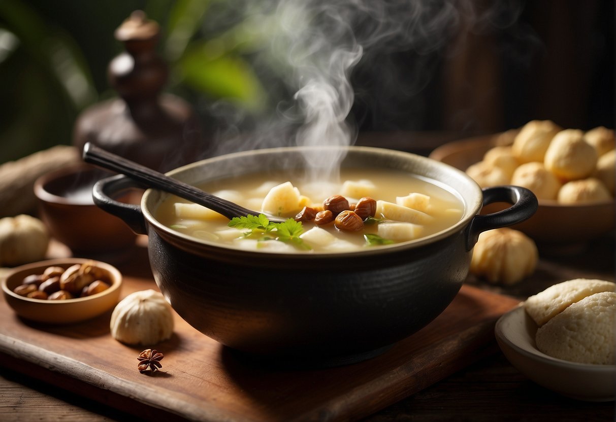 A steaming pot of Chinese sugar cane soup surrounded by ingredients like ginger, dates, and dried longan. A ladle sits beside the pot