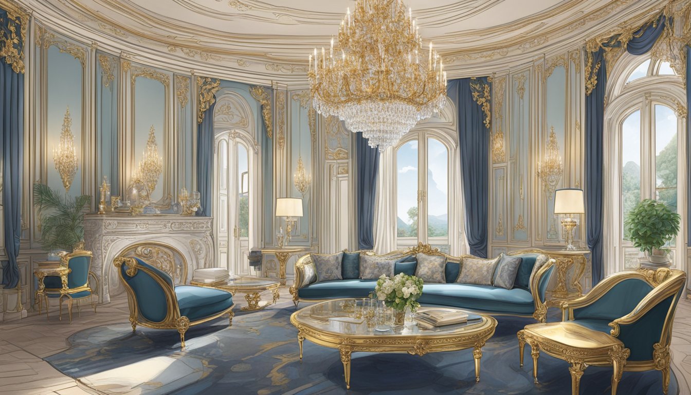 Opulent chateau with ornate furnishings, crystal chandeliers, and gilded accents, showcasing iconic French luxury brands