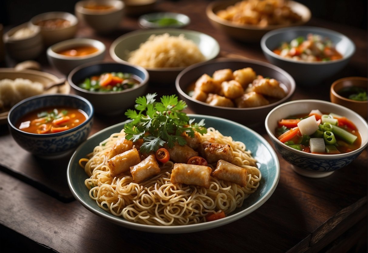 A table set with a variety of popular Chinese dishes, including steaming bowls of noodles, vibrant stir-fried vegetables, crispy spring rolls, and succulent dumplings