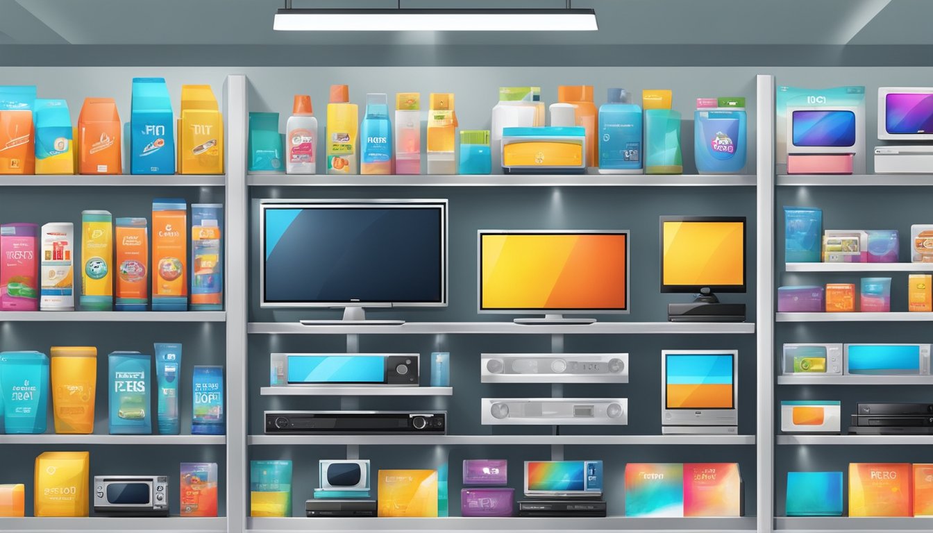 Various TV brands displayed on shelves in a brightly lit electronics store