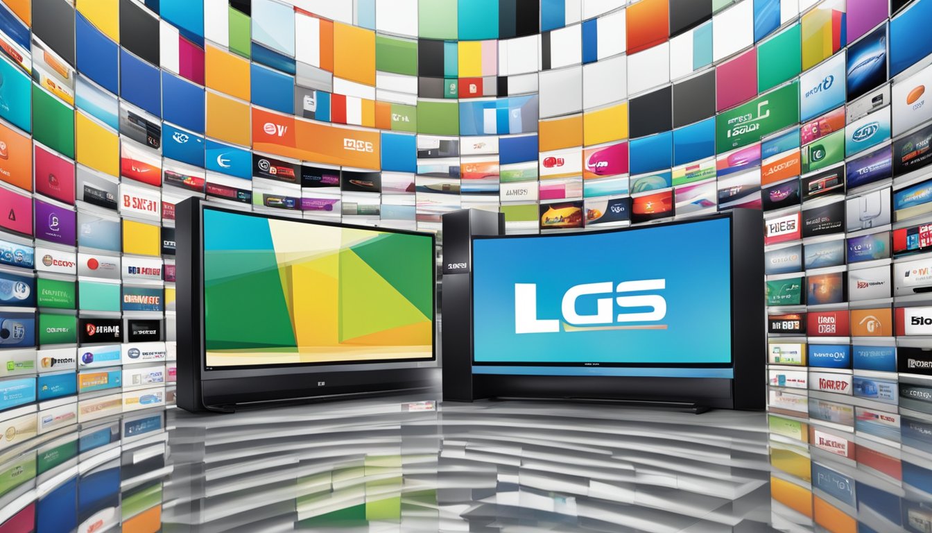 Various iconic TV brands, such as Sony, Samsung, and LG, are displayed on a wall of screens, each showcasing their logo and sleek designs