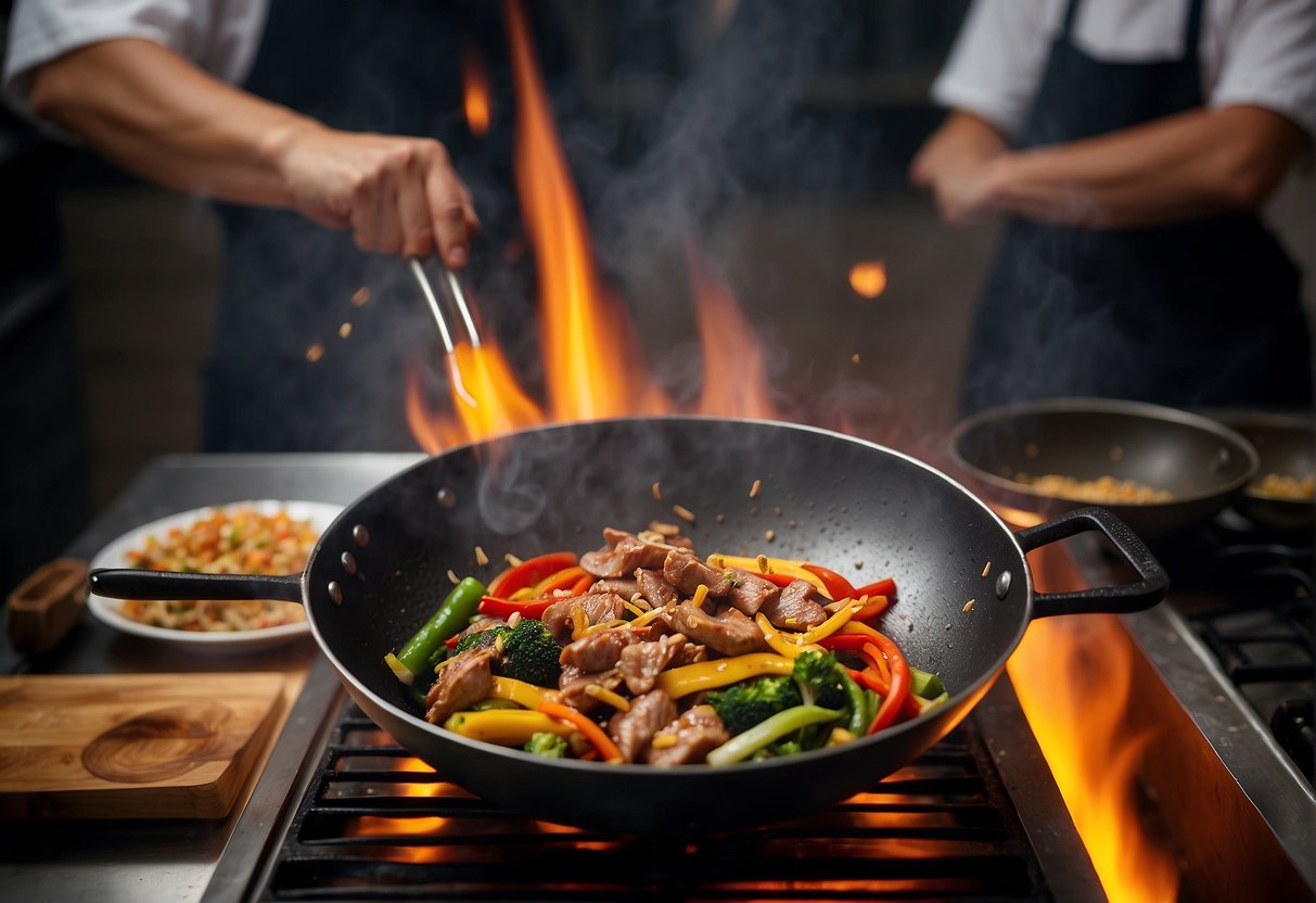 A wok sizzles over a hot flame, stir-frying vibrant vegetables and tender strips of meat. A chef adds a splash of soy sauce and a sprinkle of aromatic spices, creating a mouthwatering aroma