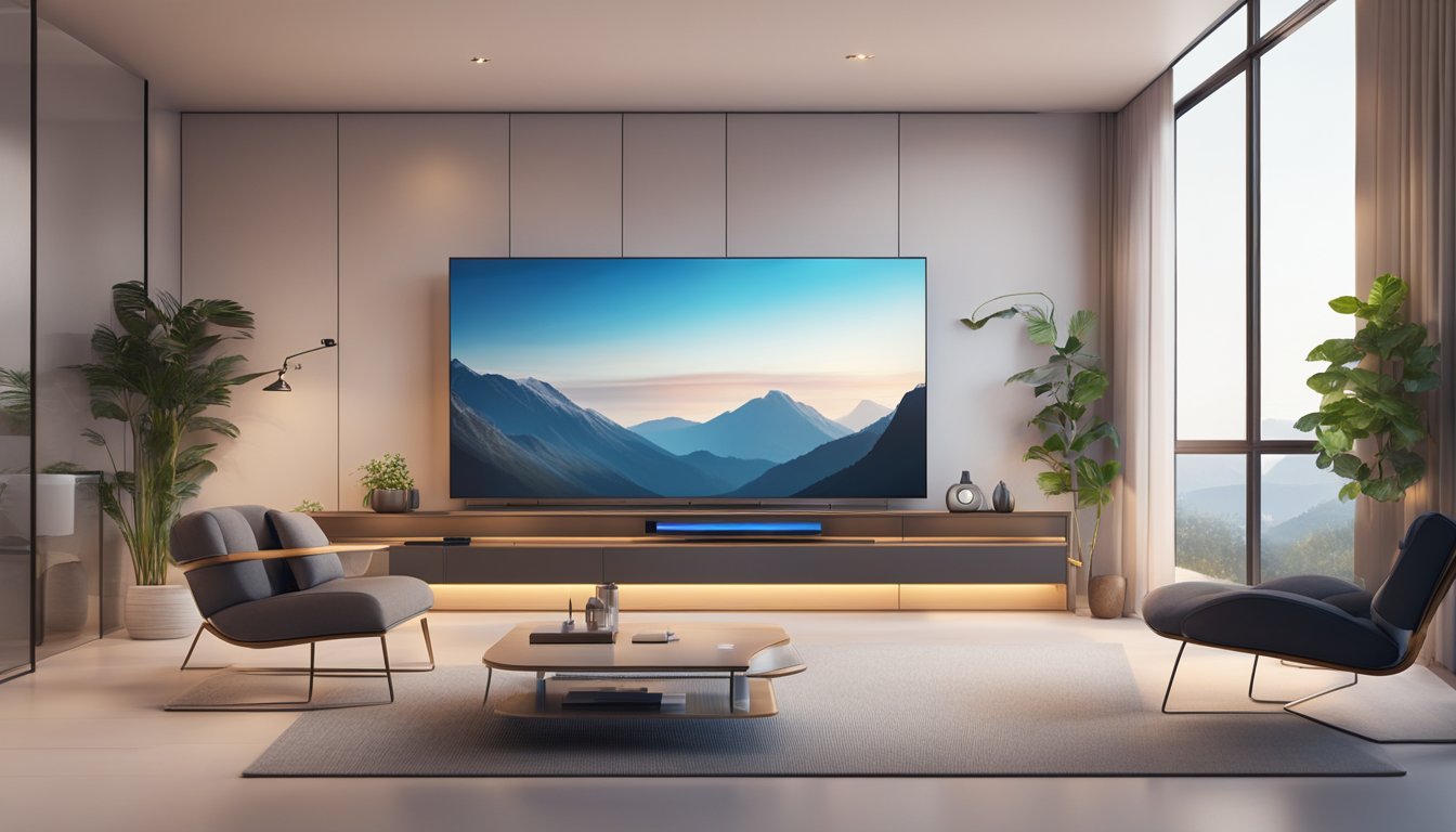 A sleek, modern living room with a wall-mounted Innovative Display Technologies TV surrounded by minimalist decor and soft ambient lighting