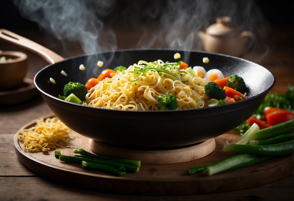 A sizzling wok tosses garlic, ginger, and scallions with egg noodles, soy sauce, and a colorful array of vegetables