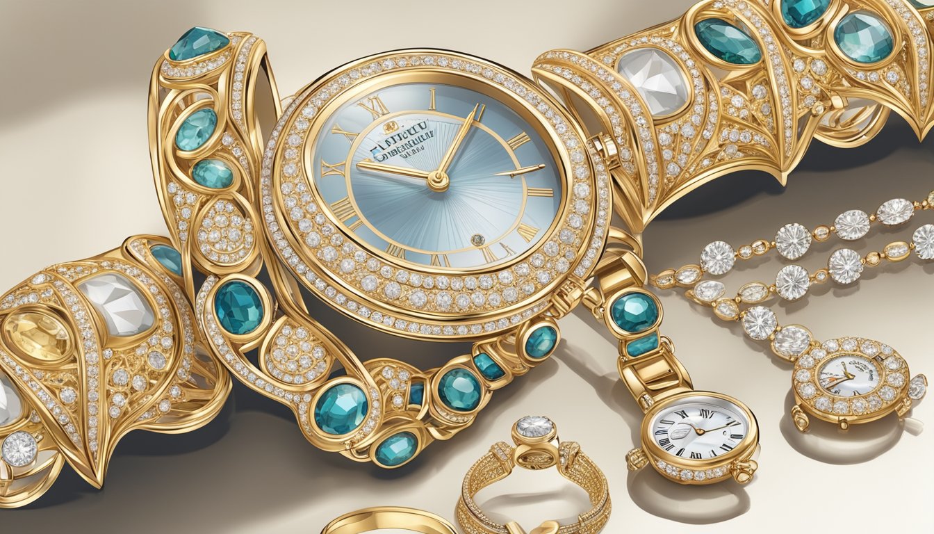A display of French luxury jewellery and timepieces. Shimmering diamonds, elegant gold, and intricate watch designs