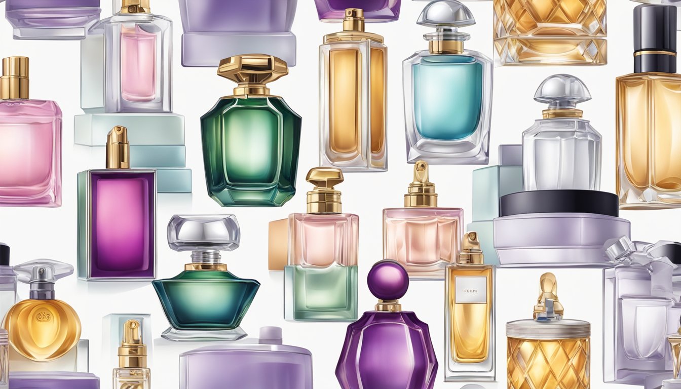 A display of elegant perfume bottles and luxurious beauty products from French brands