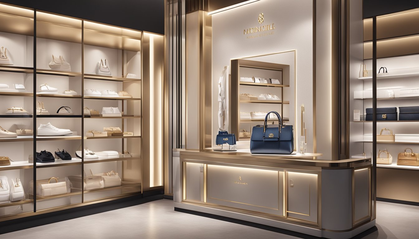 A sleek, modern display of luxury French brands with elegant logos and products. Bright lighting highlights the exquisite details