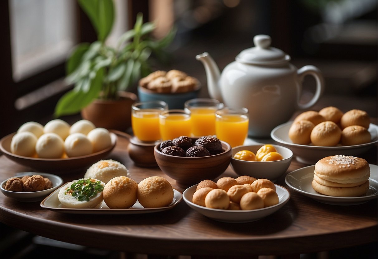 A table filled with various Chinese desserts and snacks, including steamed buns, egg tarts, and sesame balls. A pot of hot tea sits nearby, creating a cozy atmosphere