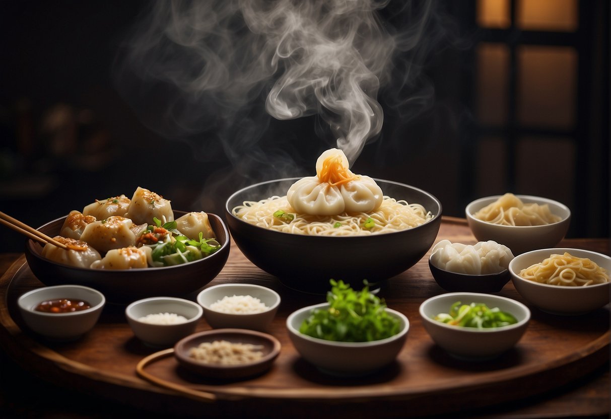 A table set with various Chinese dishes, steam rising from a bowl of noodles, chopsticks resting on a plate of dumplings