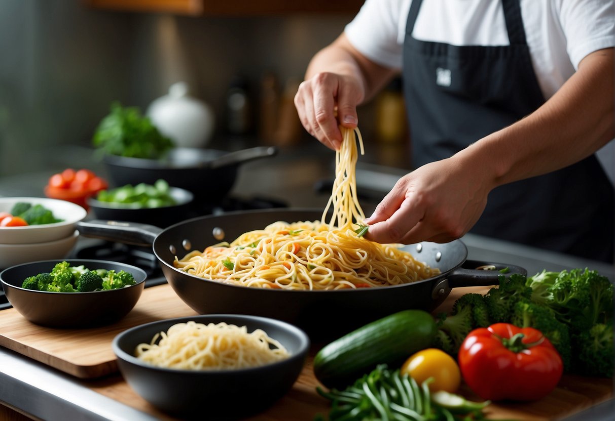 A hand reaches for fresh vegetables and noodles on a kitchen counter. A wok sizzles with oil in the background