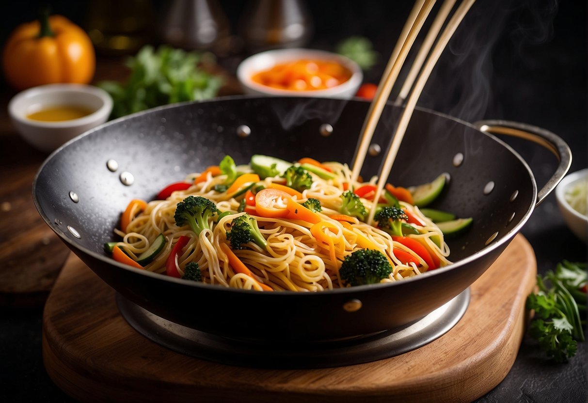 A wok sizzles with long, golden noodles, tossed with vibrant vegetables and savory sauces, creating a tantalizing aroma