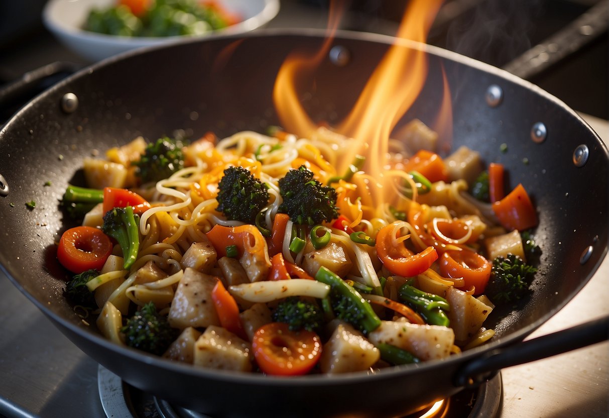 A wok sizzles with oil as noodles are tossed with vegetables and savory sauces over a high flame