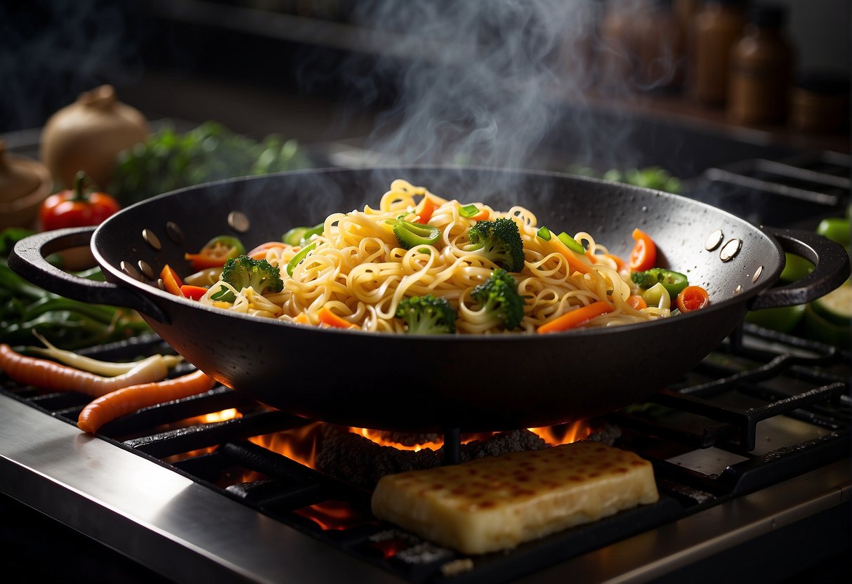 A wok sizzles with oil as noodles, vegetables, and seasonings are tossed and cooked together over high heat, creating a fragrant and flavorful dish of Chinese fried noodles