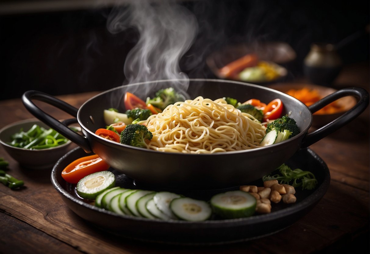 A wok sizzling with noodles, vegetables, and savory sauce. Steam rising. Chopsticks resting on the side. Ingredients neatly arranged nearby