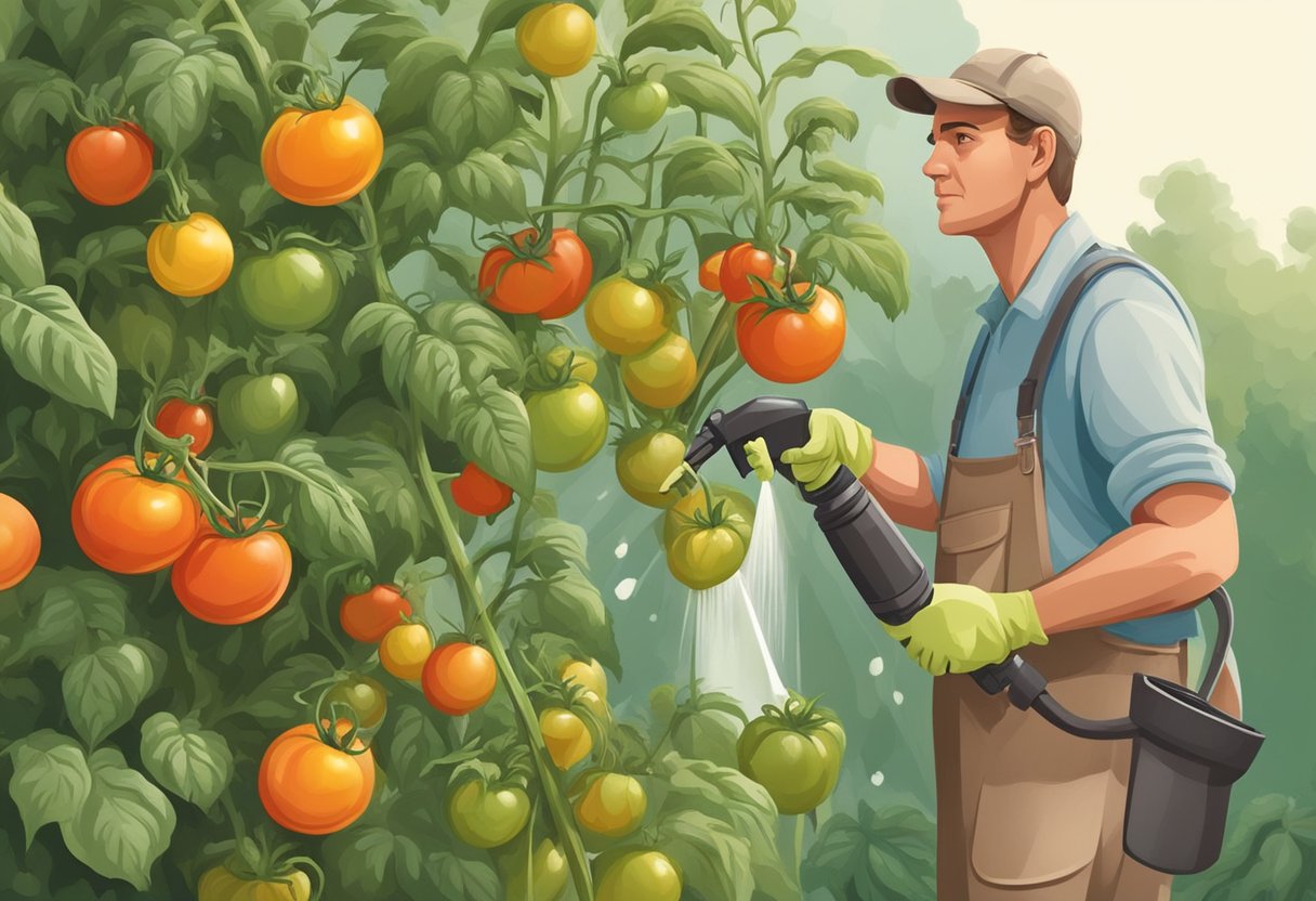 A gardener sprays fungicide on tomato plants with brown spots