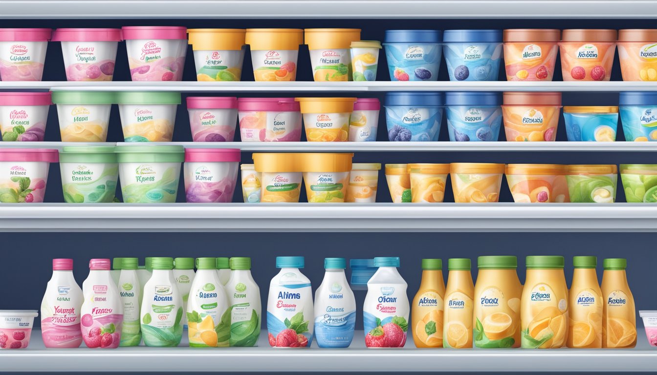 Various yogurt brands displayed on a supermarket shelf, with colorful packaging and different flavors