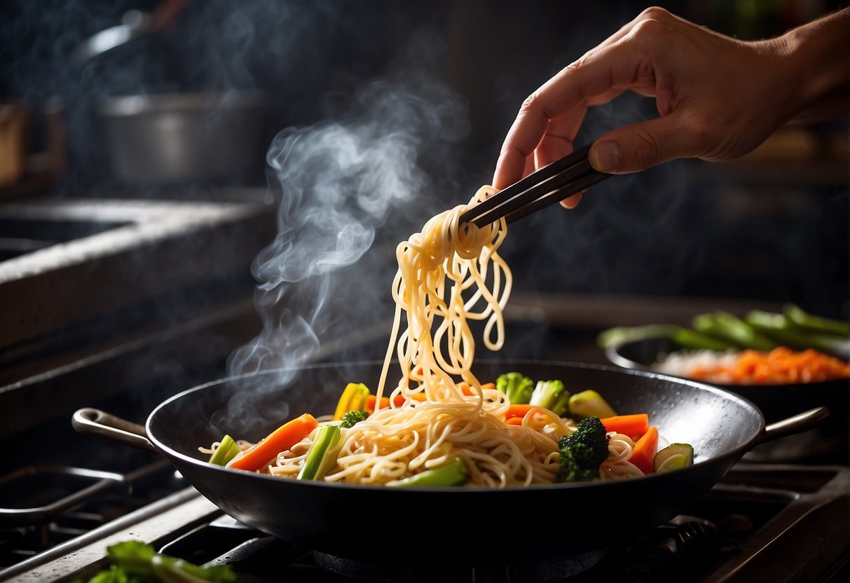A steaming wok sizzles with stir-fried noodles, soy sauce, and vibrant vegetables, emitting a mouthwatering aroma