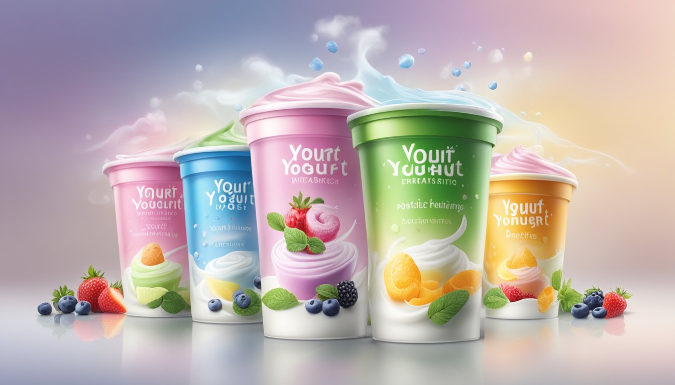 Various yogurt brands emerge from the mist, each with vibrant packaging and enticing flavors, symbolizing the rising popularity and competition within the industry