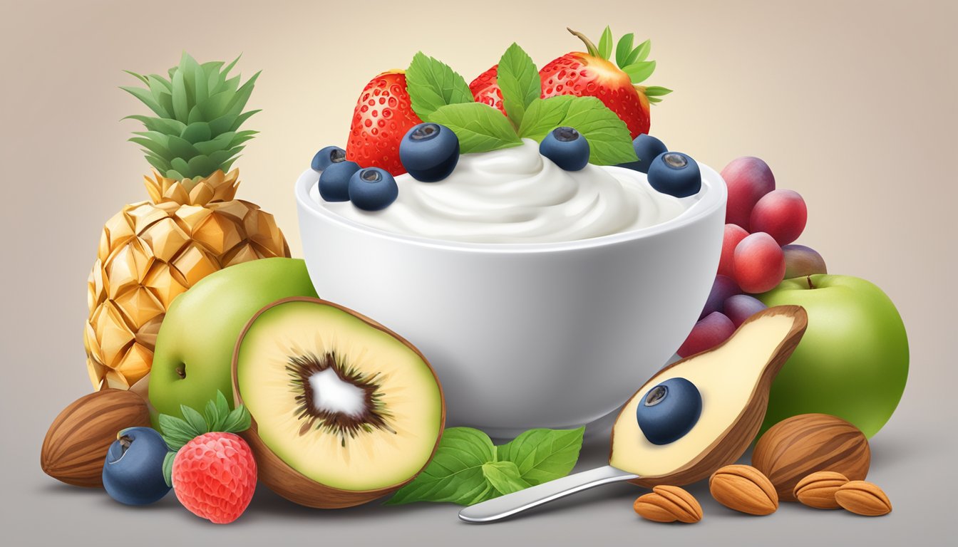 A bowl of yogurt surrounded by fresh fruits and nuts, with a spoon resting on the side. A banner with "Health Benefits of Yogurt" is displayed above the bowl