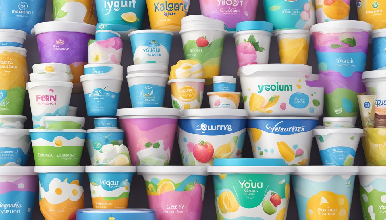 A colorful array of yogurt containers with various brand logos on display