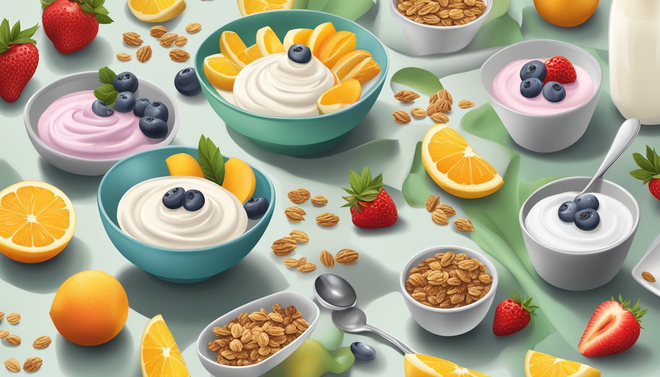 A table with various yogurt brands displayed, surrounded by fresh fruits and granola. A spoon rests on a napkin, signaling a healthy lifestyle choice