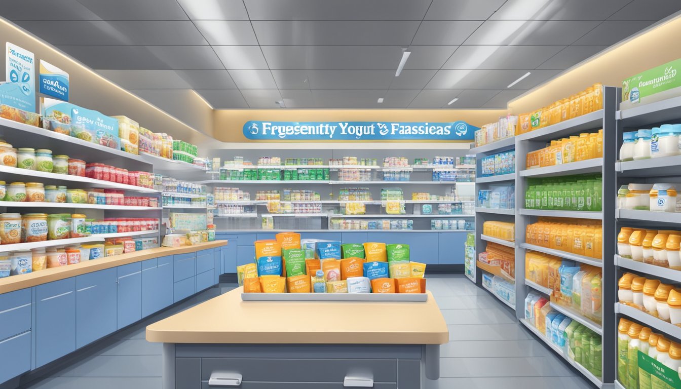 Various yogurt brands displayed on shelves with "Frequently Asked Questions" signage