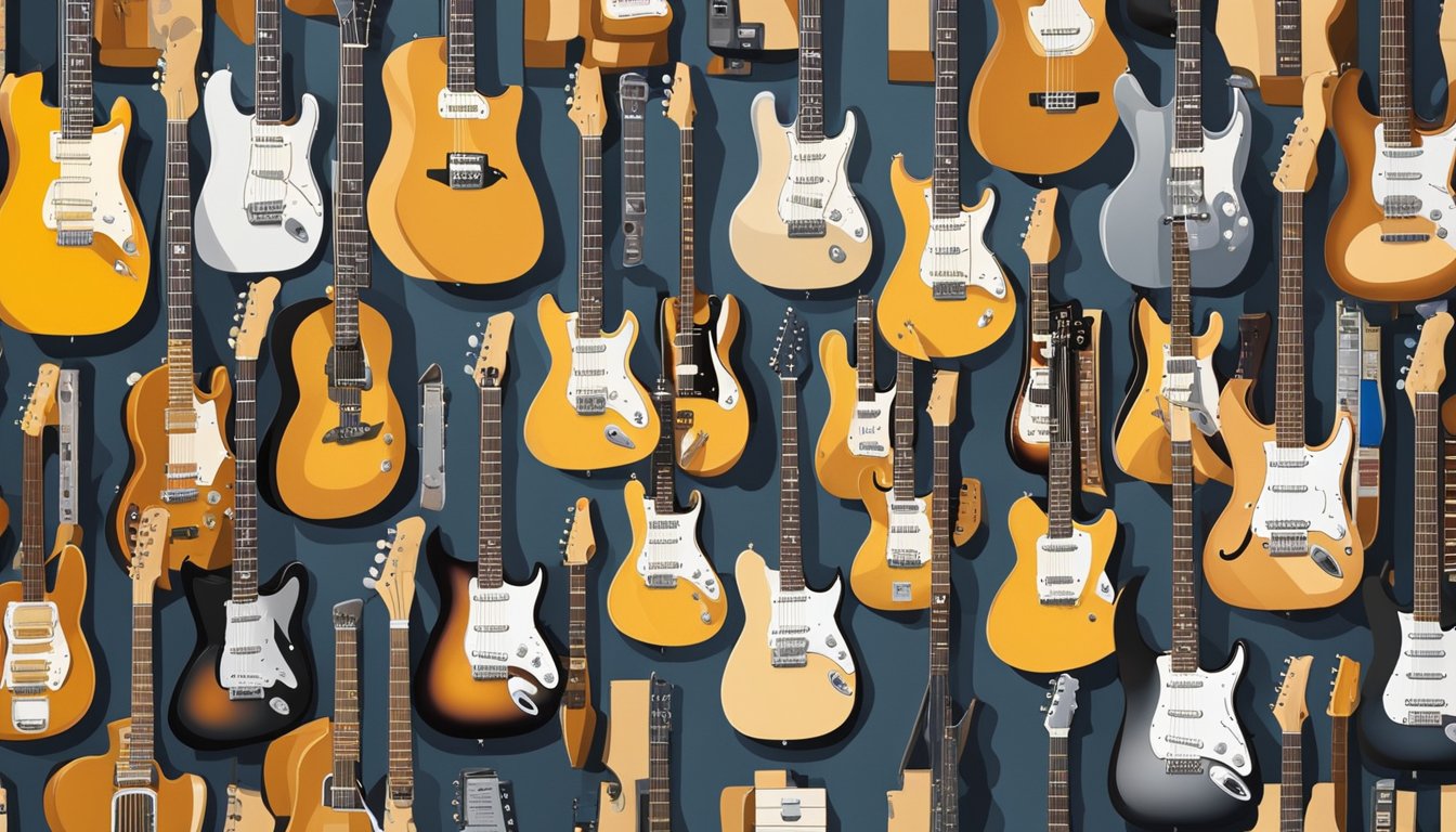 Various guitar brands displayed on a wall-mounted rack in a music store