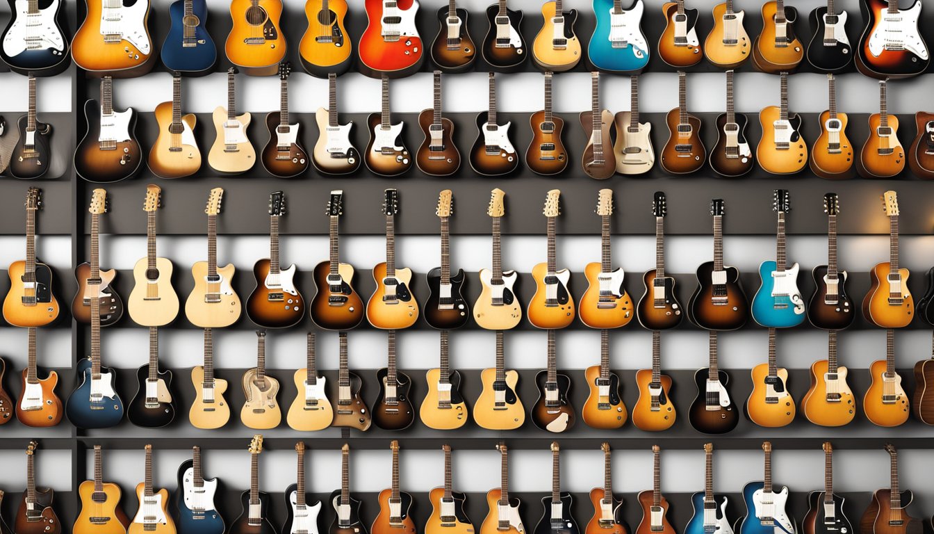 Iconic guitar brands displayed on a wall, each with a plaque detailing their history. Fender, Gibson, and Martin guitars stand out among the collection