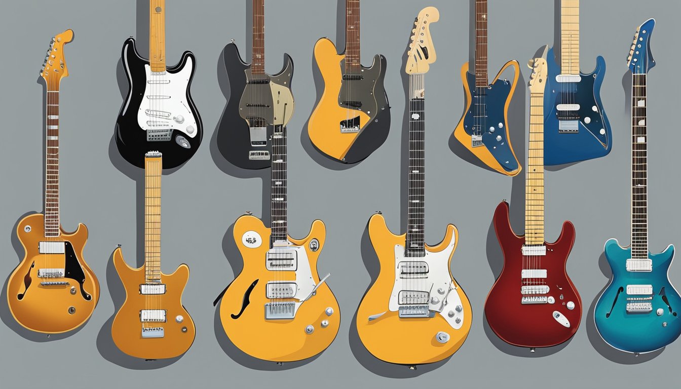 Electric guitars from various brands line the walls, showcasing their evolution in design and technology. Different shapes, colors, and features represent the diverse range of guitar options available