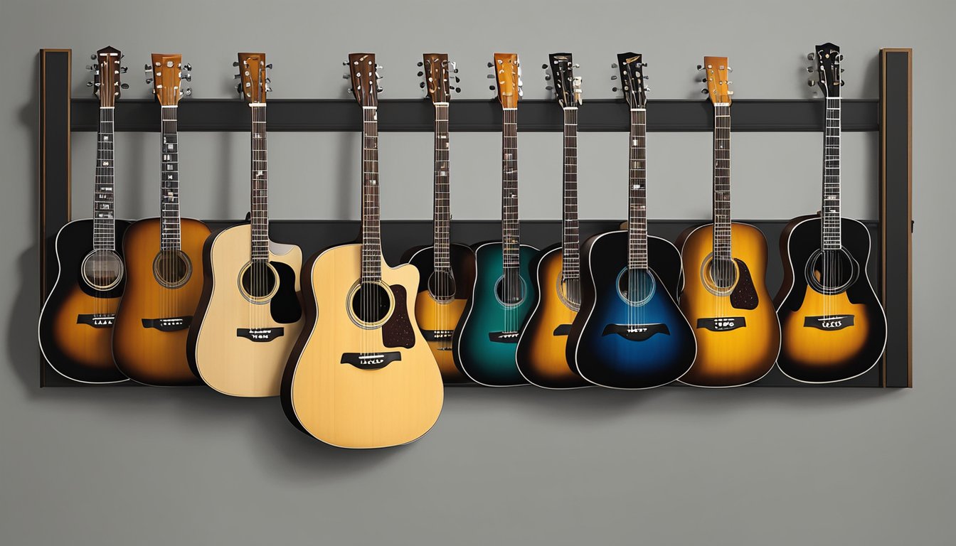 A collection of acoustic guitars, ranging from classic to modern builds, displayed on a wall-mounted rack. Each instrument showcases the unique branding and design of various guitar manufacturers