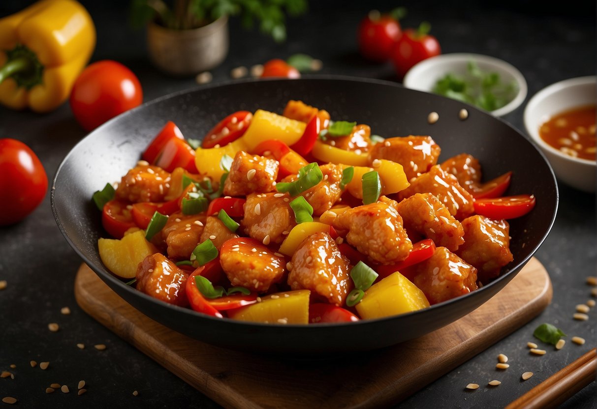 A sizzling wok filled with chunks of crispy golden sweet and sour chicken, glistening with a vibrant red and tangy sauce, surrounded by colorful bell peppers, pineapple chunks, and garnished with sesame seeds