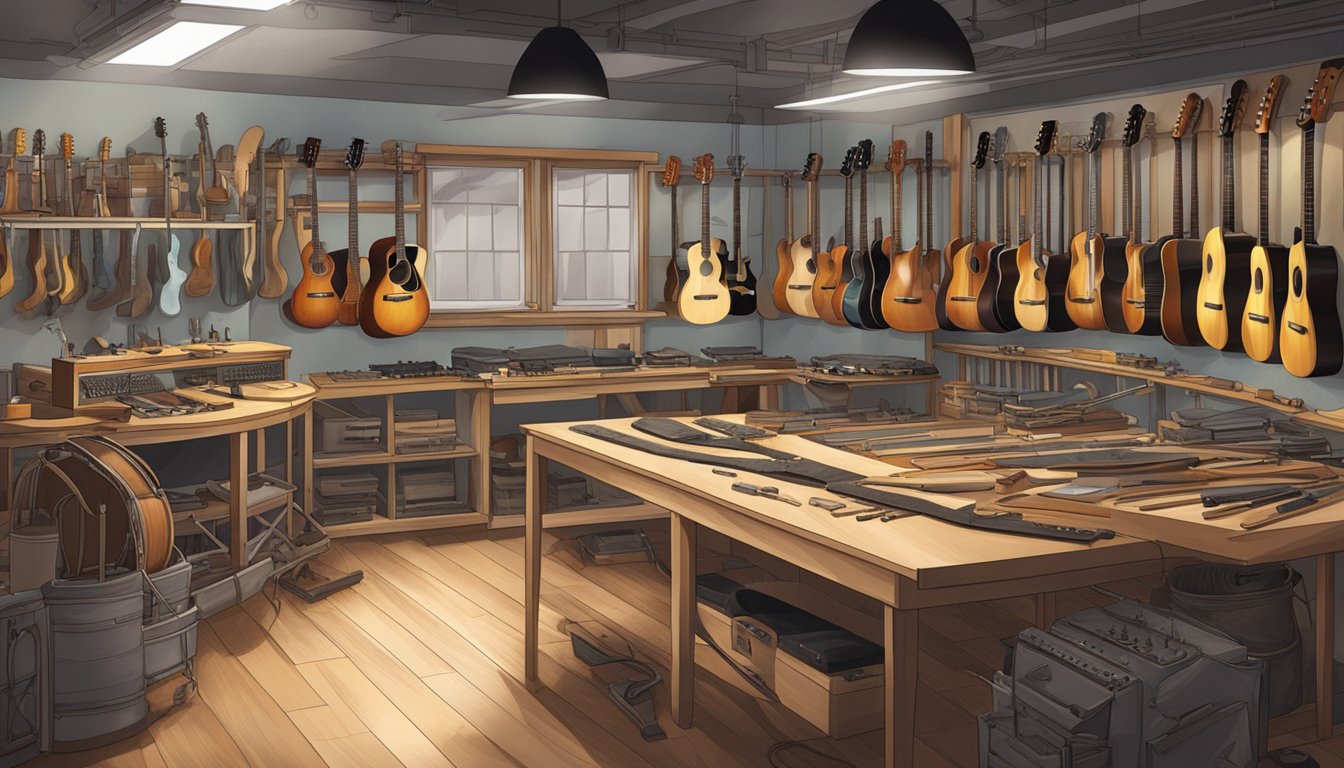 A workshop filled with various guitar brands being meticulously crafted and assembled by skilled artisans