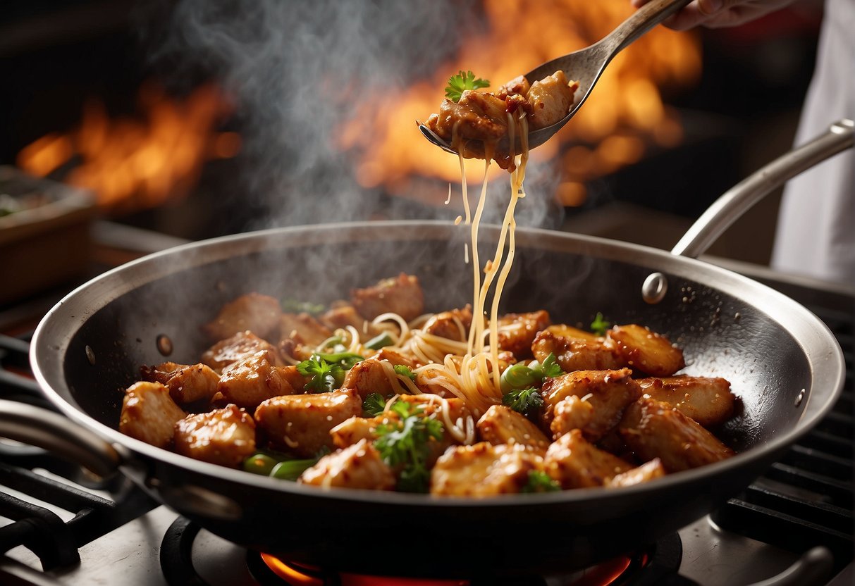 A wok sizzles as chunks of chicken are fried. A tangy, amber-colored sauce is poured over the crispy meat, creating a savory and sweet aroma
