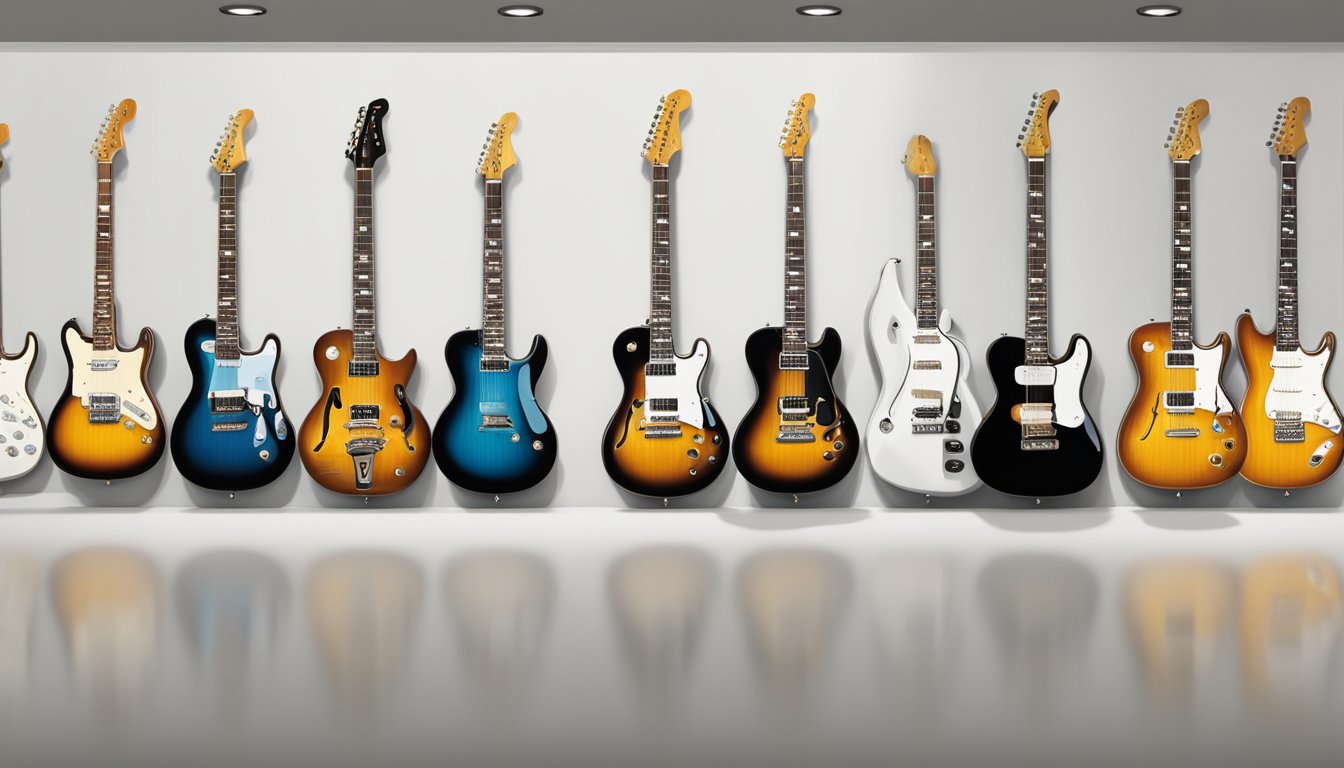A row of iconic guitar brands displayed on a shop wall. Fender, Gibson, and Martin guitars stand out, each with unique designs and features