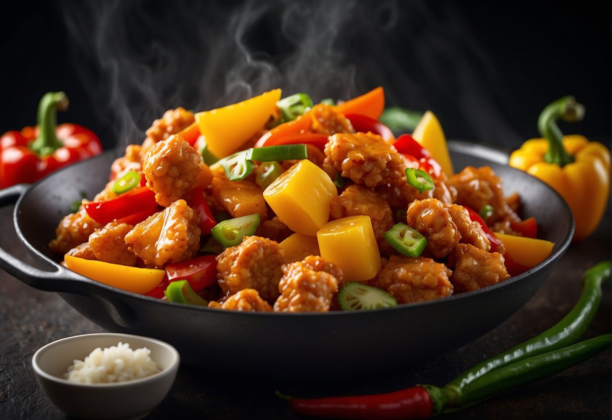 A wok sizzling with chunks of crispy chicken coated in a glossy sweet and sour sauce, surrounded by vibrant bell peppers, onions, and pineapple chunks