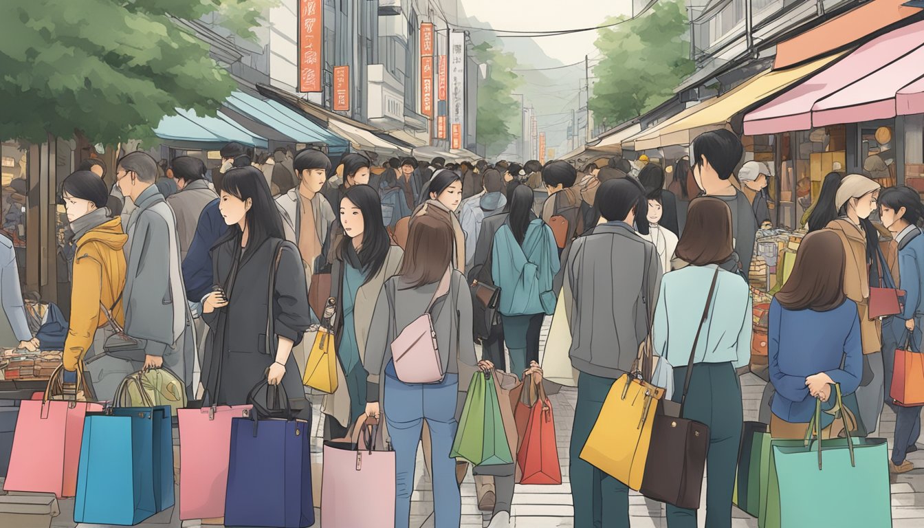 A bustling street market in Japan showcases rows of pre-owned designer bags, with eager shoppers inspecting the high-end merchandise