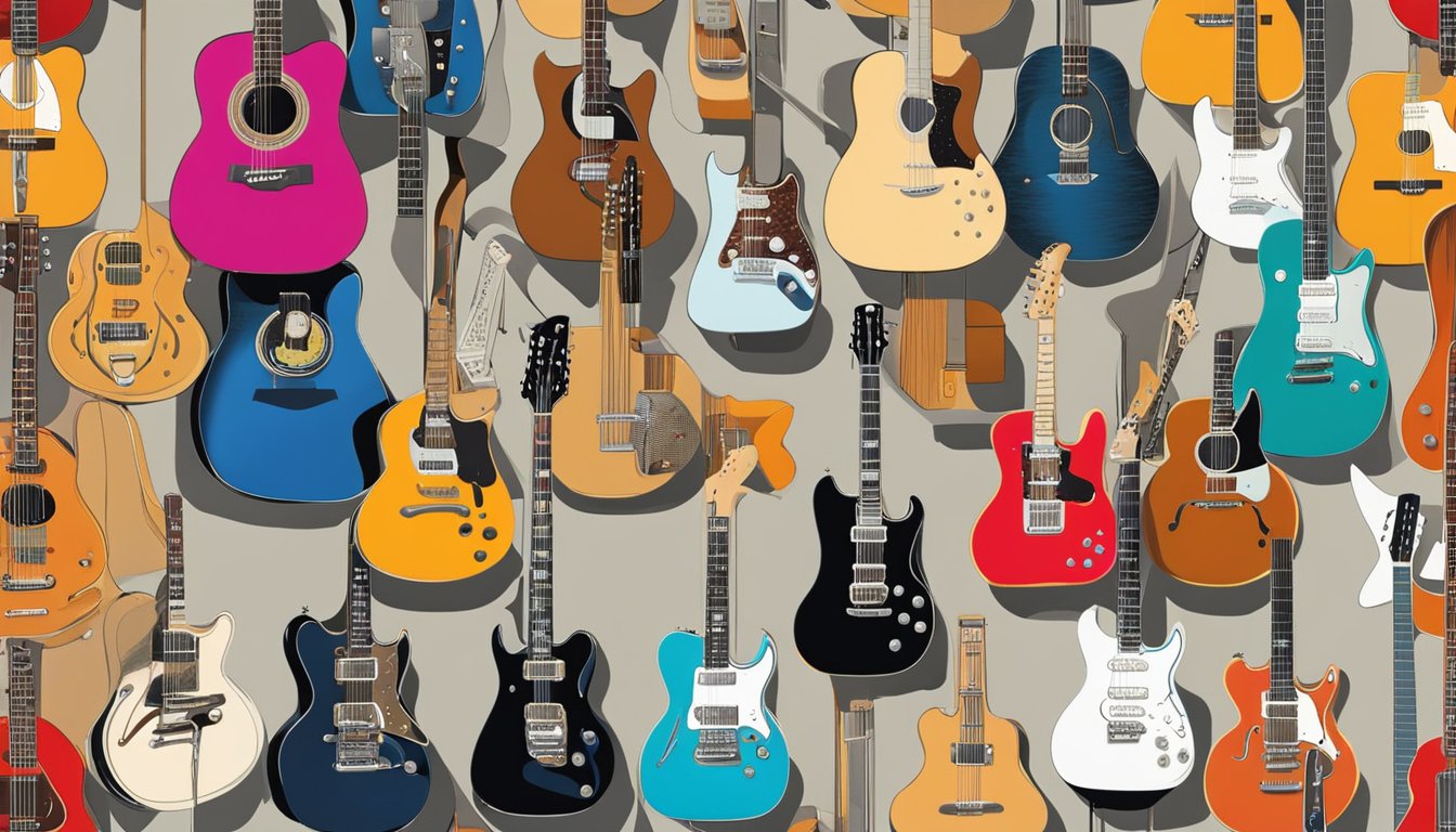 A diverse array of iconic guitar brands are displayed in a vibrant, music-filled environment, showcasing the rich culture and influence of guitars