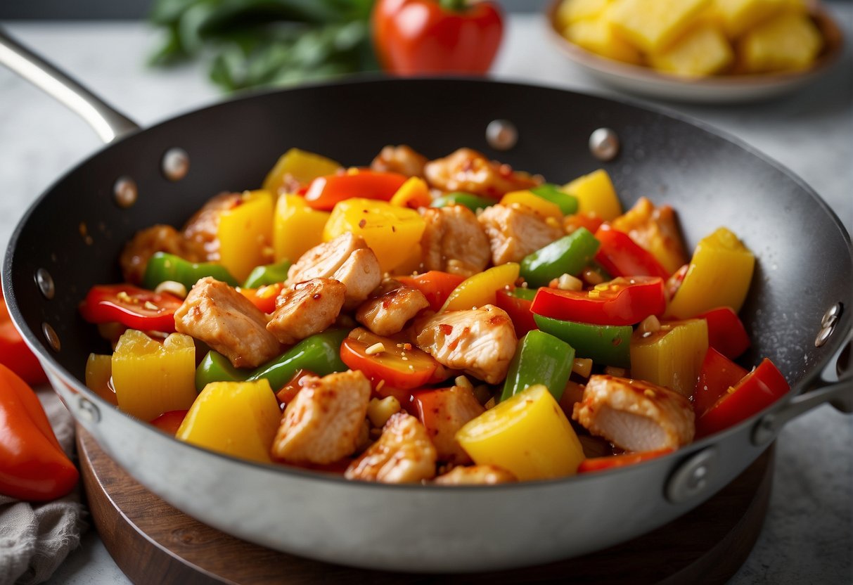 A wok sizzles with chunks of chicken, colorful bell peppers, and pineapple, all coated in a glossy sweet and sour sauce