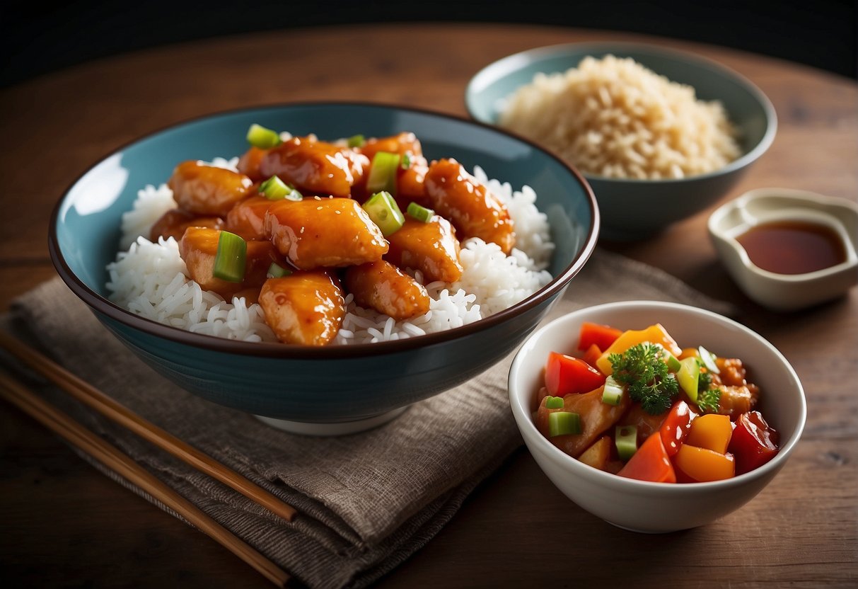 A table set with a plate of sweet and sour chicken, surrounded by bowls of rice, steamed vegetables, and chopsticks